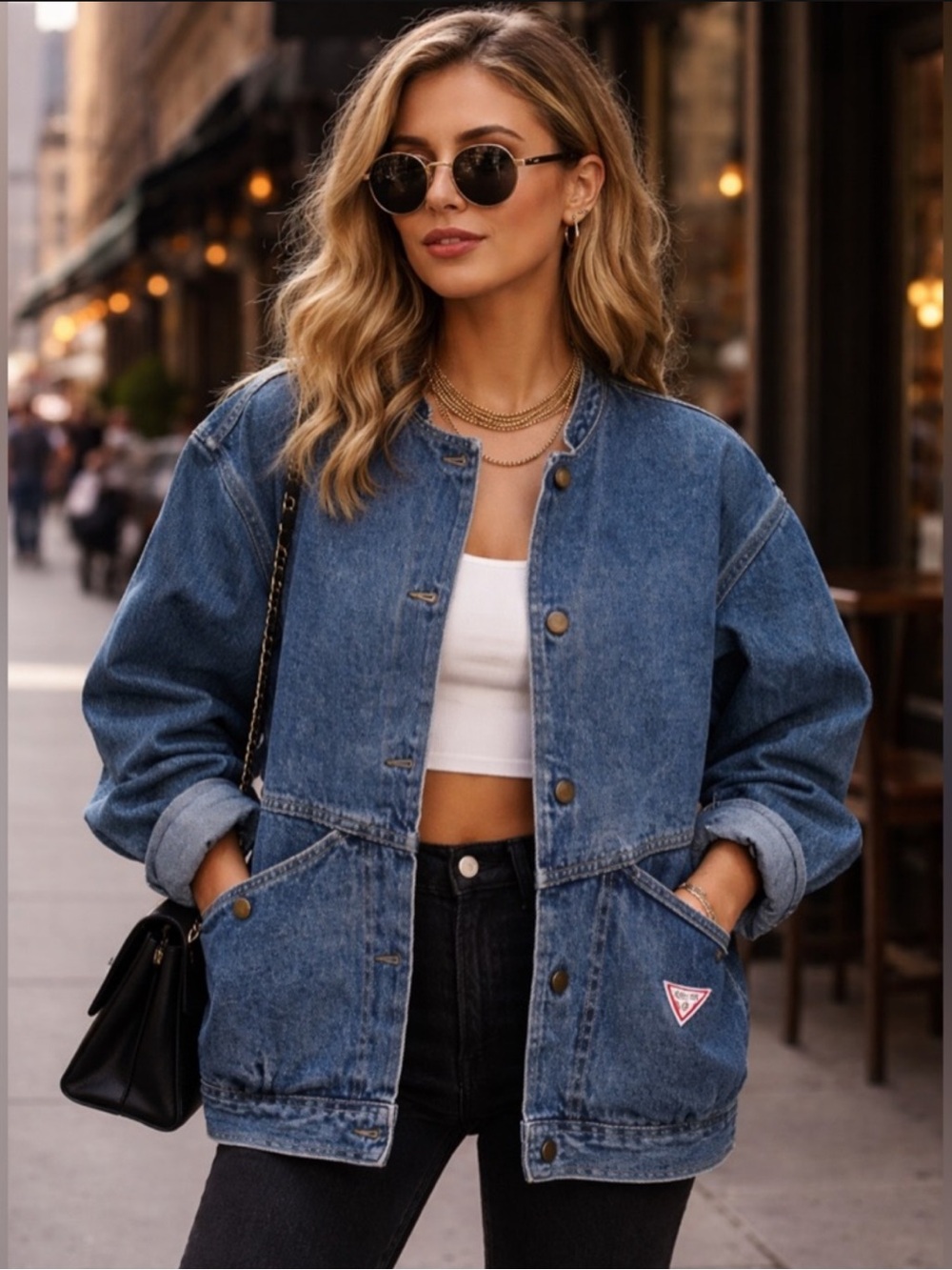 GUESS Women's Vintage Blue Denim Snap Button-Front Jean Jacket XL